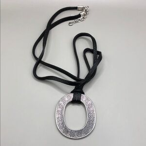 Brighton Ferrara Silver Plated Scroll Pendant Black Leather Necklace Long NEW.
